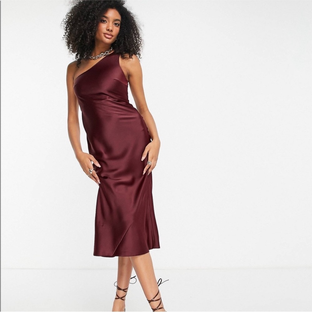 ASOS Burgundy Satin One-Shoulder Midi Dress